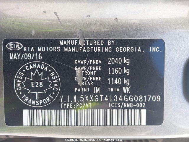 5XXGT4L34GG081709 KIA t-gdi theta ii