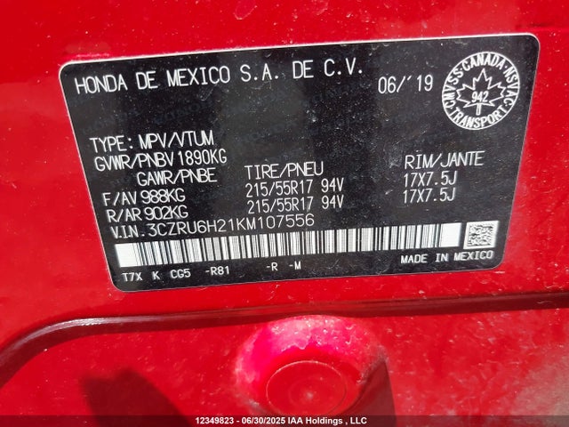 3CZRU6H21KM107556 Honda r18z9