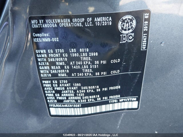 1V2LR2CA4KC613287 Volkswagen Atlas