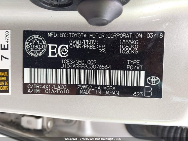 JTDKARFP8J3076564 Toyota 2zr-fxe+1nm