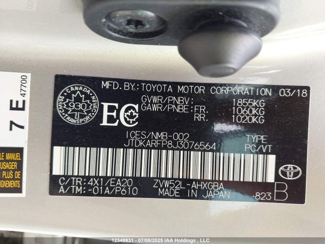JTDKARFP8J3076564 Toyota 2zr-fxe+1nm