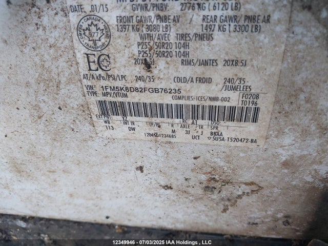 Ford 2015 2015 1FM5K8D82FGB76235 Image 9