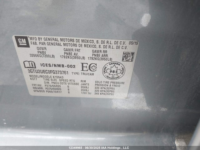 3GTU2UEC0FG373761 GMC l83 - vvt, active fuel management, aluminum