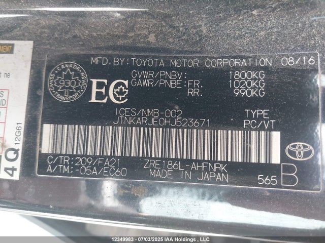 JTNKARJE0HJ523671 Toyota 2zr-fae