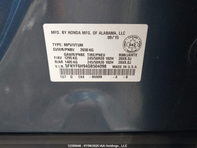5FNYF6H94GB504098 Honda j35y6