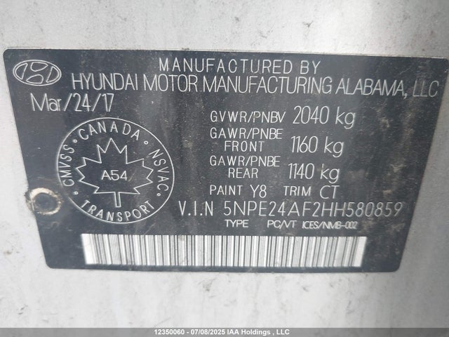5NPE24AF2HH580859 Hyundai Sonata