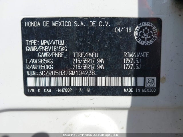 3CZRU5H32GM104238 Honda r18z9