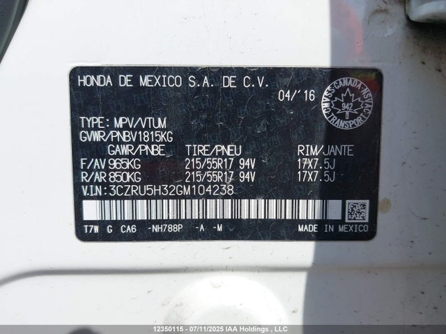 3CZRU5H32GM104238 Honda r18z9