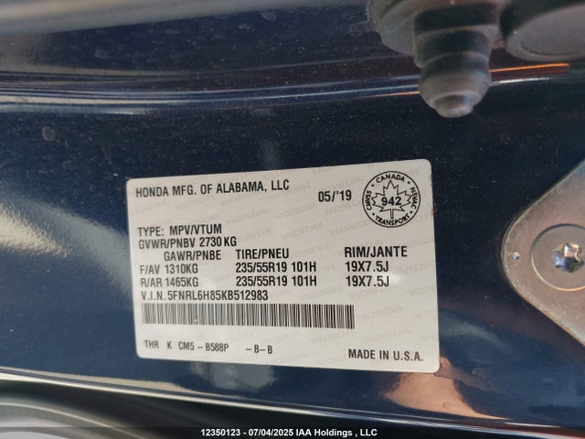 5FNRL6H85KB512983 Honda j35y7