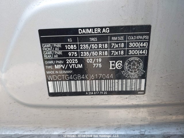 WDCTG4GB4KJ617044 Mercedes-Benz 270