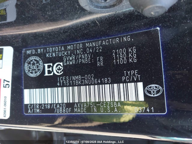 4T1S11BK3NU064183 Toyota a25a-fks