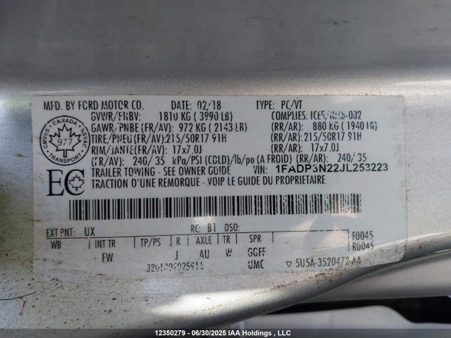 1FADP3N22JL253223 Ford 2.0l gdi