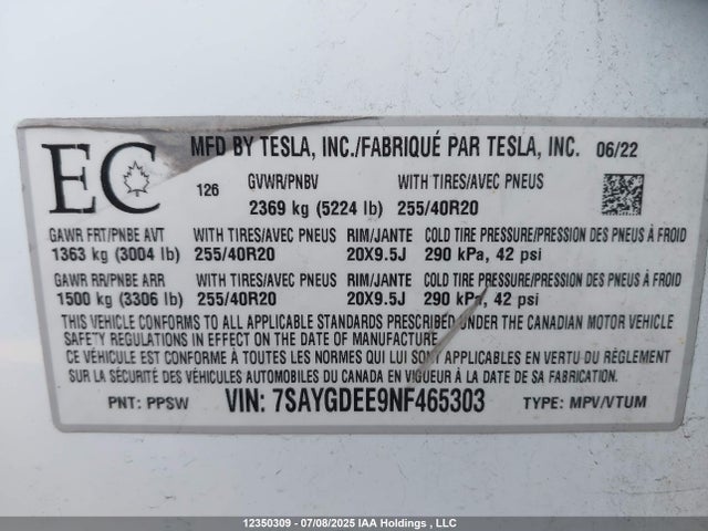 7SAYGDEE9NF465303 Tesla 2022