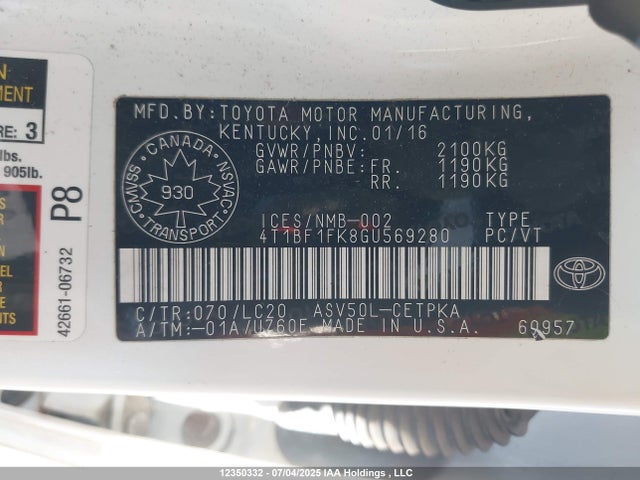 Toyota 2ar-fe 2016 4T1BF1FK8GU569280 Image 9