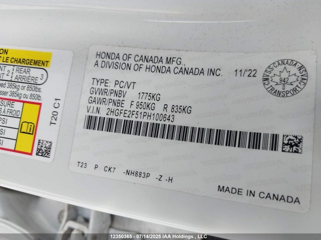 Honda k20c2 2023 2HGFE2F51PH100643 Image 9