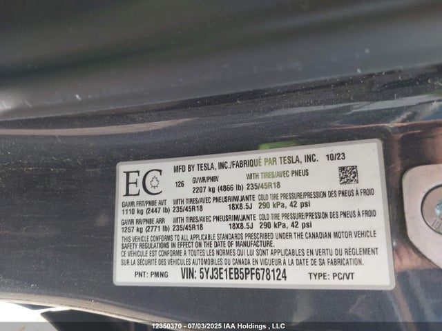 5YJ3E1EB5PF678124 Tesla MODEL 3