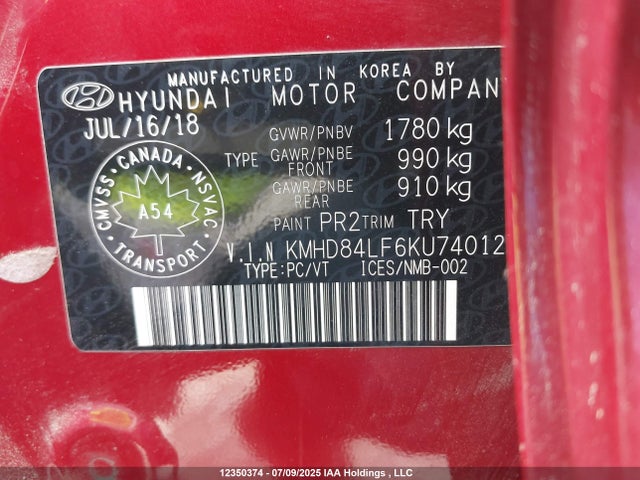 KMHD84LF6KU740127 Hyundai mpi nu
