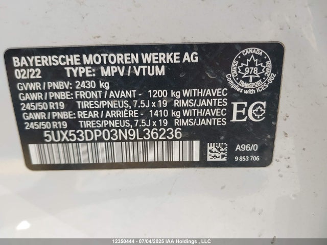 5UX53DP03N9L36236 BMW X3
