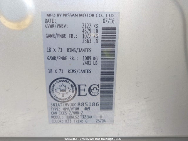 5N1AT2MV0GC885186 Nissan 2016