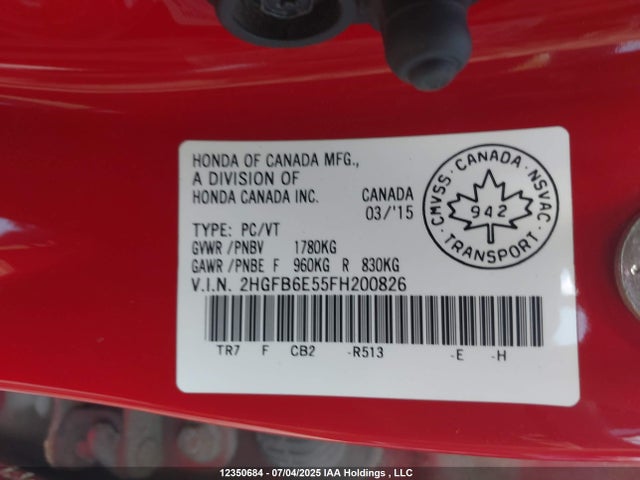 Honda k24z7 2015 2HGFB6E55FH200826 Image 9