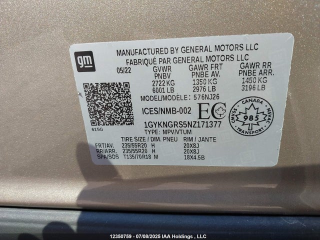 1GYKNGRS5NZ171377 Cadillac lgx