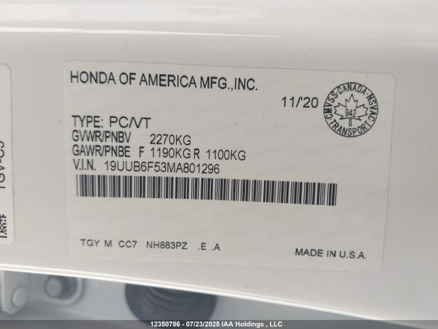 Acura k20c6 2021 19UUB6F53MA801296 Image 9