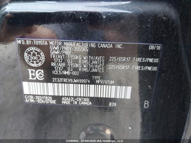 2T3ZFREV9JW499974 Toyota 2ar-fe