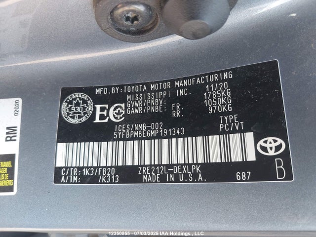 5YFBPMBE6MP191343 Toyota COROLLA LE
