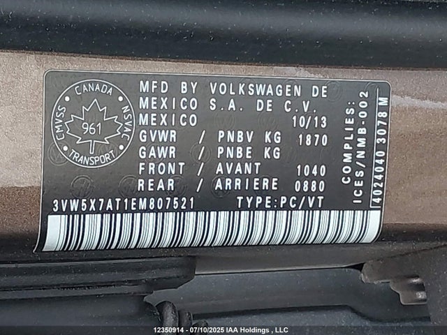 3VW5X7AT1EM807521 Volkswagen 2014