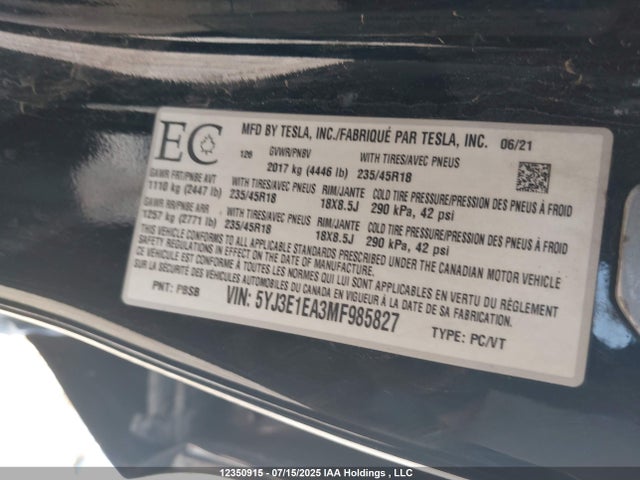 5YJ3E1EA3MF985827 Tesla MODEL 3