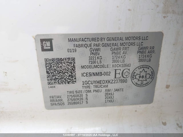 1GCUYHEDXKZ237890 Chevrolet l84 - di, dfm, alum, gen 5, var 2