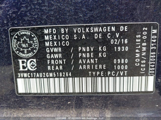 3VWC17AU2GM518264 Volkswagen 1.8 tsi