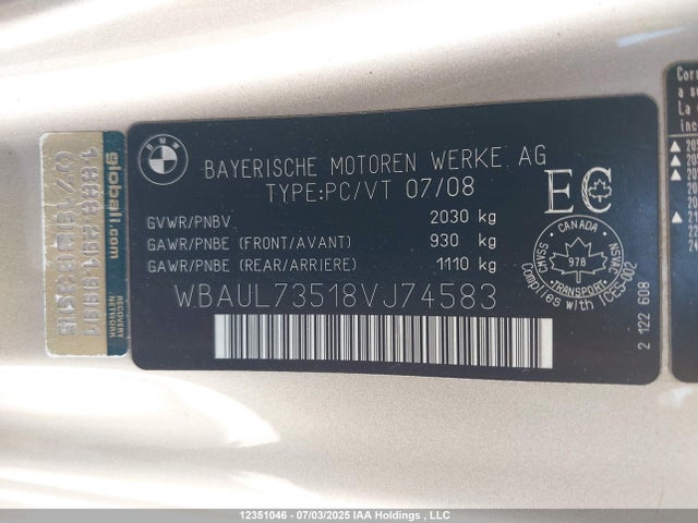 12351046 :رقم المزاد ، WBAUL73518VJ74583 vin ، 2008 Bmw 128 I مزاد بيع