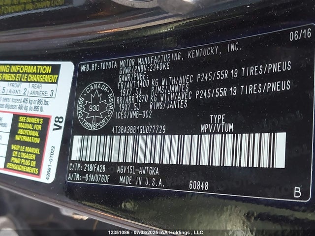 Toyota 1ar-fe 2016 4T3BA3BB1GU077729 Image 9