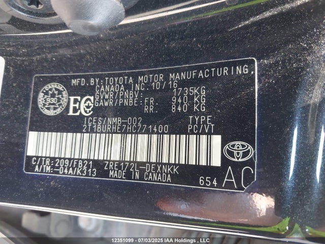 2T1BURHE7HC771400 Toyota 2zr-fe