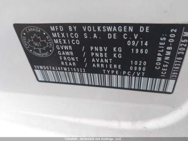 3VWD07AJ4FM215322 Volkswagen 2015