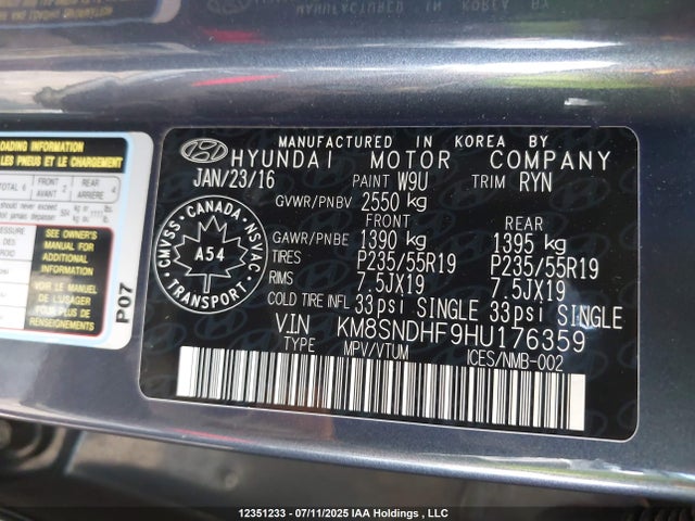 KM8SNDHF9HU176359 Hyundai gdi lambda ii