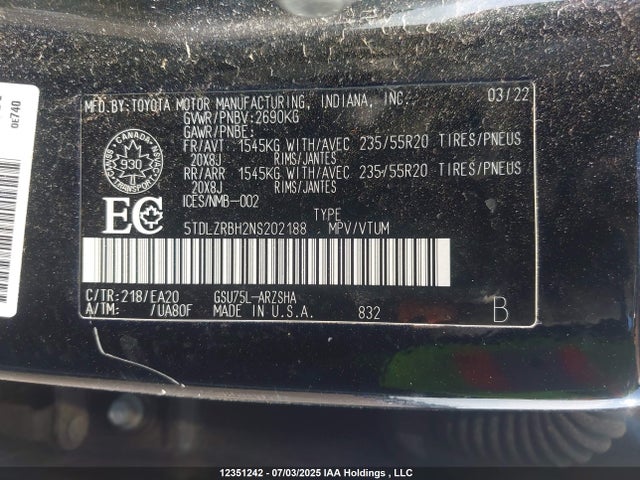 5TDLZRBH2NS202188 Toyota 2gr-fks