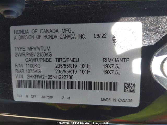 2HKRW2H95NH222788 Honda l15be