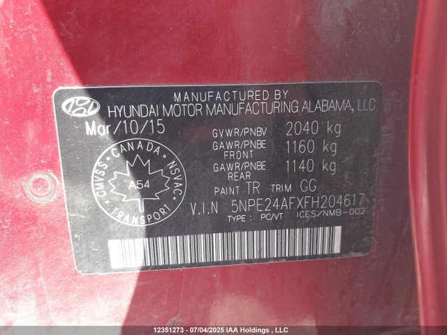 5NPE24AFXFH204617 Hyundai dohc gdi theta-ii