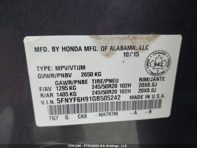 5FNYF6H91GB505242 Honda j35y6