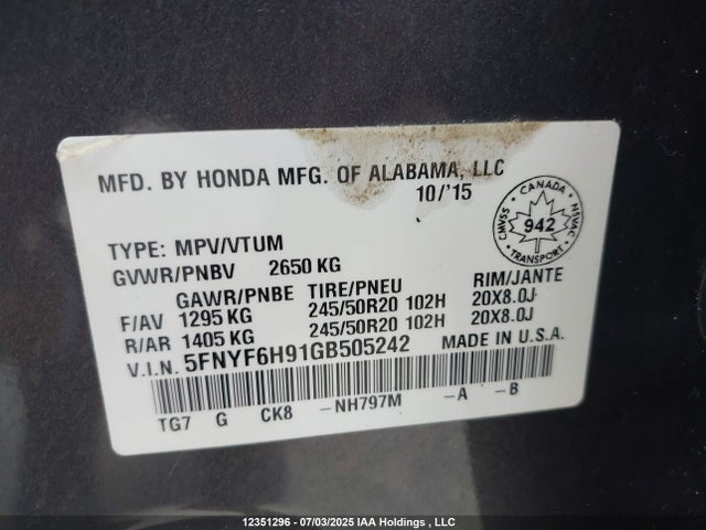 5FNYF6H91GB505242 Honda j35y6