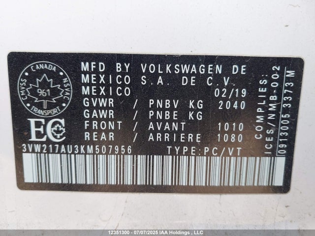 3VW217AU3KM507956 Volkswagen 2019