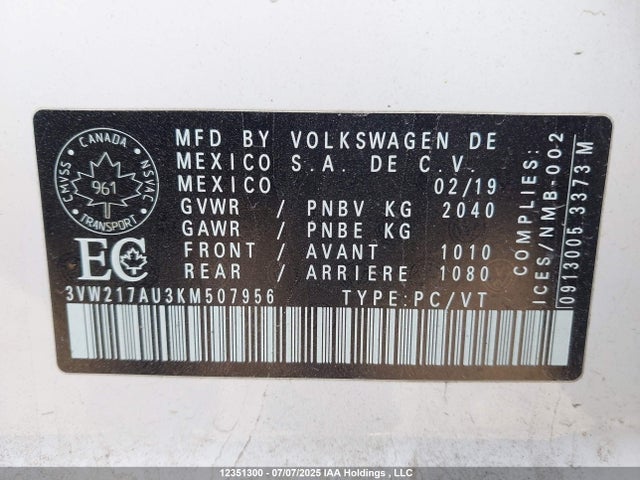 3VW217AU3KM507956 Volkswagen 2019