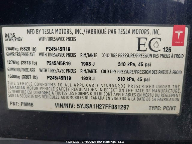 5YJSA1H27FF081297 Tesla 3 phase a/c induction (dual motor)