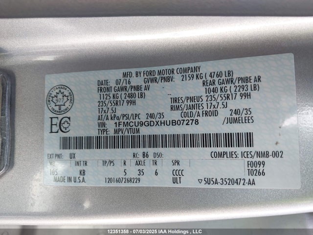 1FMCU9GDXHUB07278 Ford gtdi sigma w/premium fuel