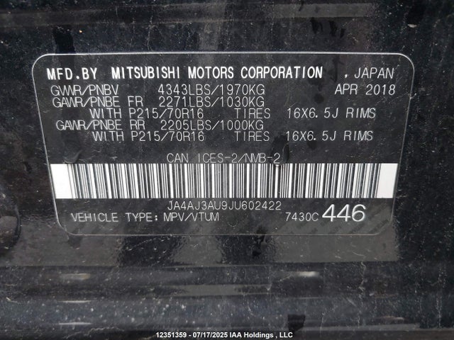 JA4AJ3AU9JU602422 Mitsubishi mivec
