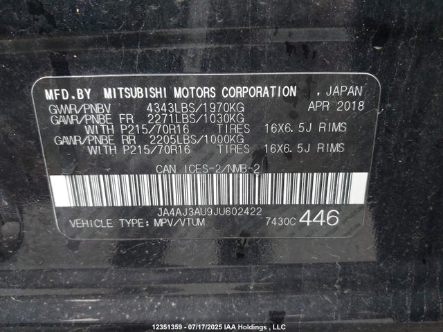 JA4AJ3AU9JU602422 Mitsubishi mivec