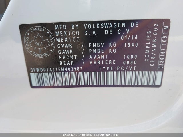 3VWD07AJ1EM403987 Volkswagen 2014