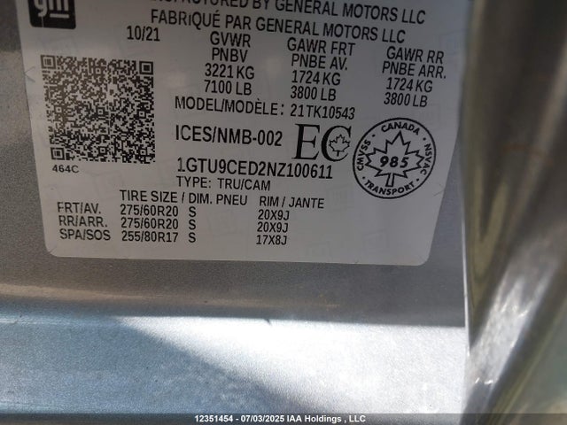 1GTU9CED2NZ100611 GMC l84